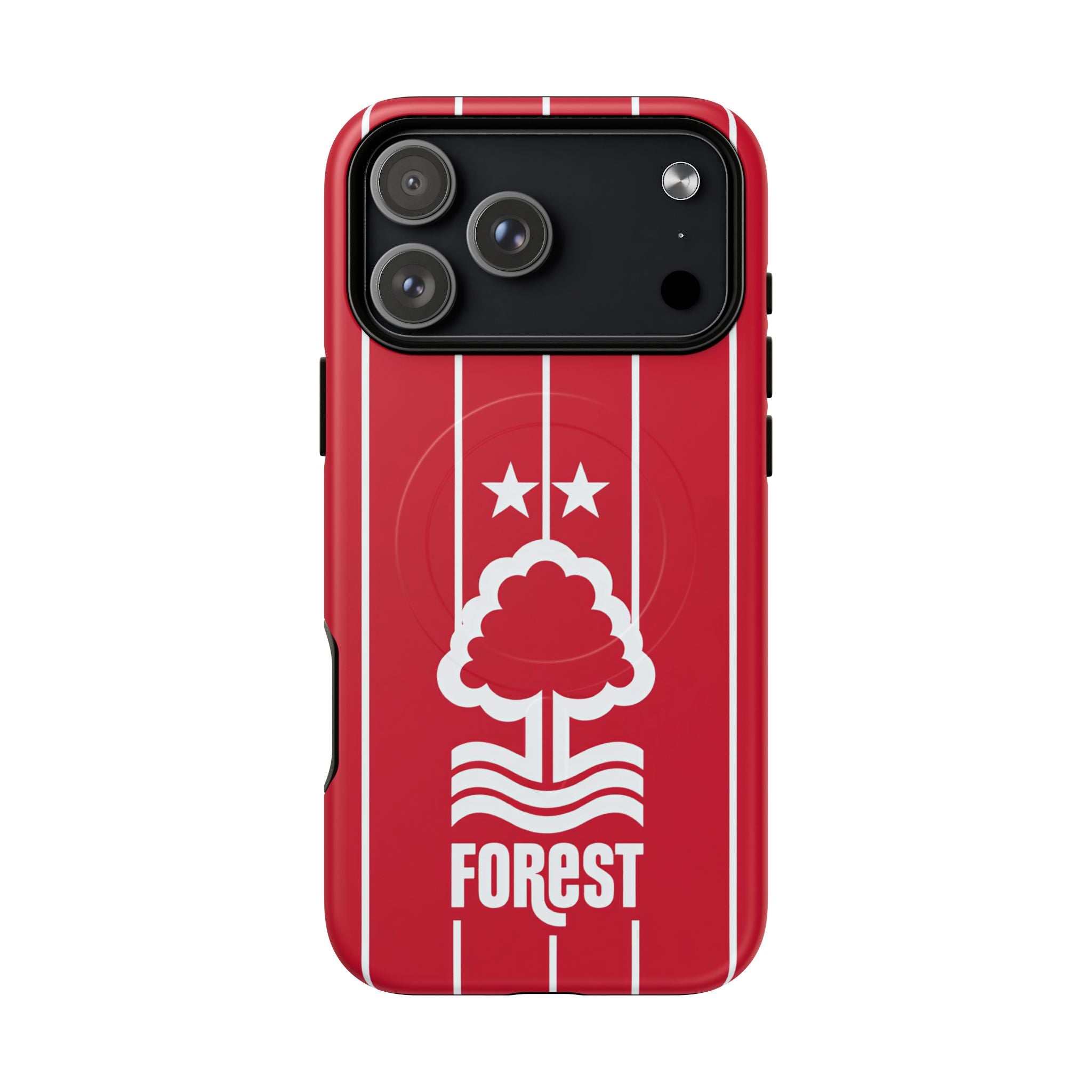 Nottingham Forest MagSafe iPhone case with club colors and crest, dual layer protection, and wireless charging compatibility.