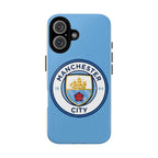 Manchester City MagSafe iPhone case with sky blue color and team logo, MagSafe compatible, dual layer protection, slim and durable design