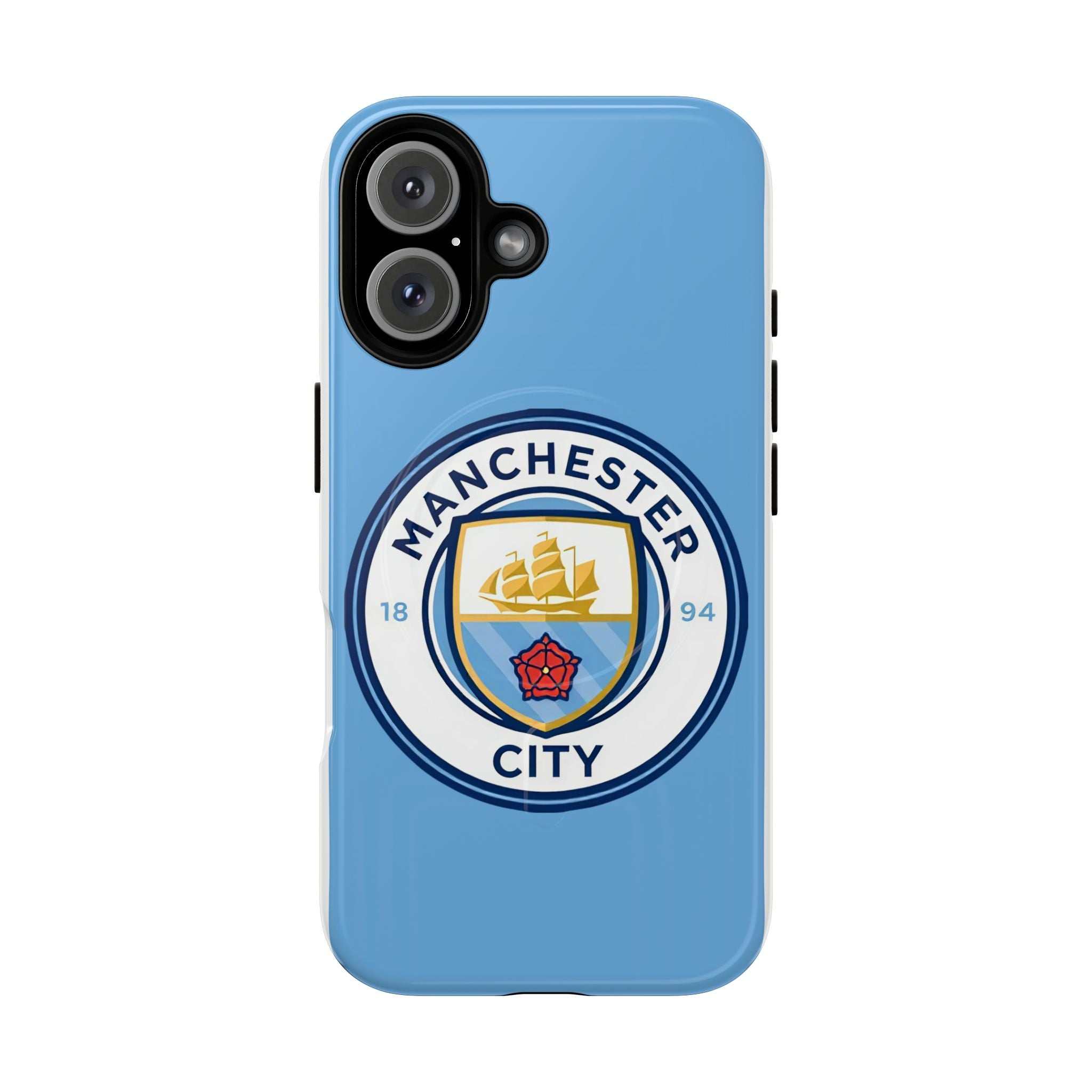 Manchester City MagSafe iPhone case with sky blue color and team logo, MagSafe compatible, dual layer protection, slim and durable design