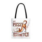 Fun stretching cat design on durable polyester tote bag with multiple handle color options