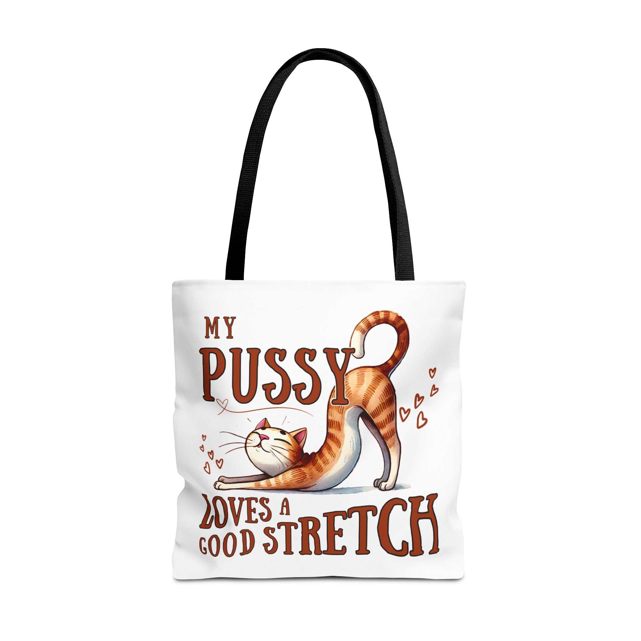 Fun stretching cat design on durable polyester tote bag with multiple handle color options