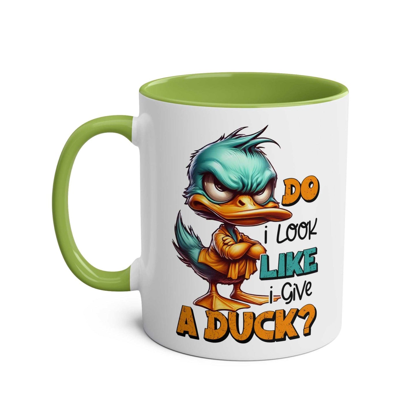 Quirky duck design coffee mug with green handle and interior, 11oz ceramic, sublimation printed, dishwasher safe.