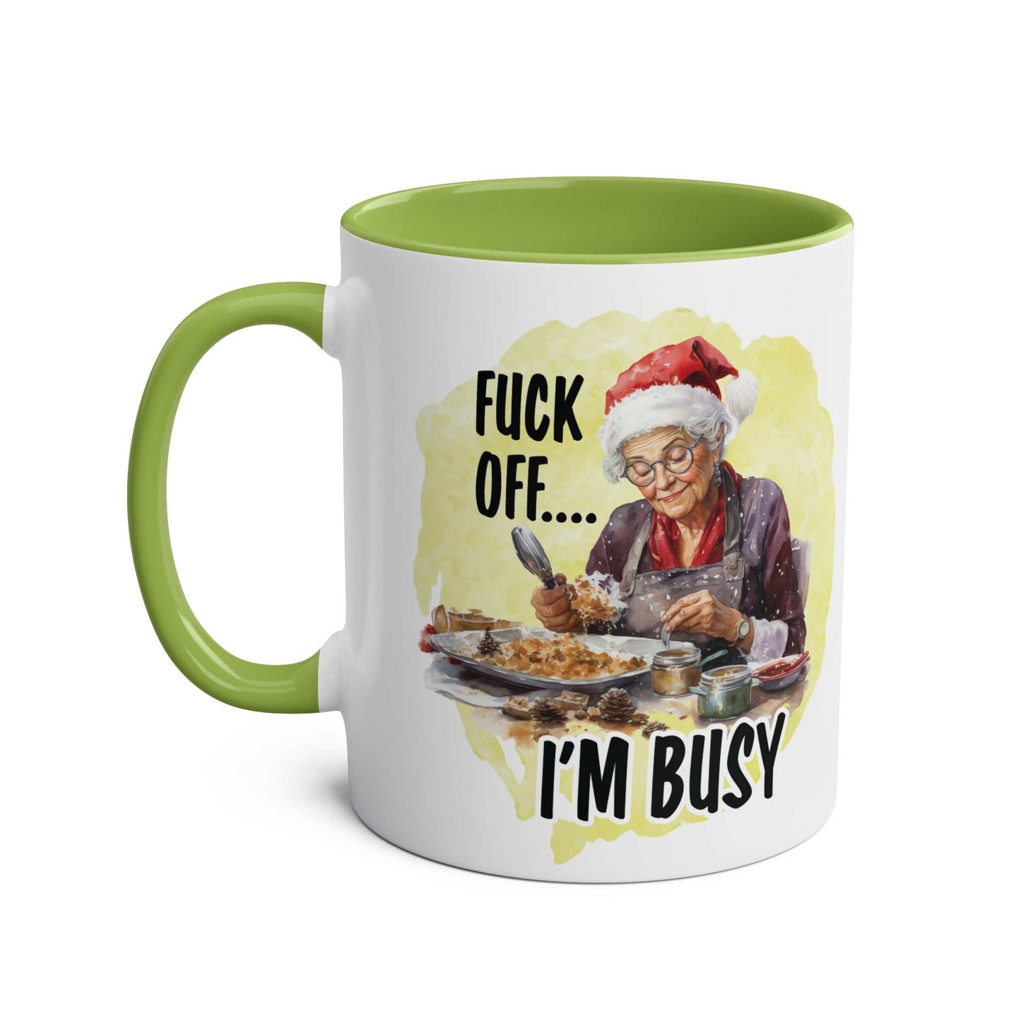 Cheeky Sweary Granny Christmas Mug with festive design and green handle.