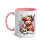 Cute Highland Cow Mother's Day mug with pastel design and pink handle.