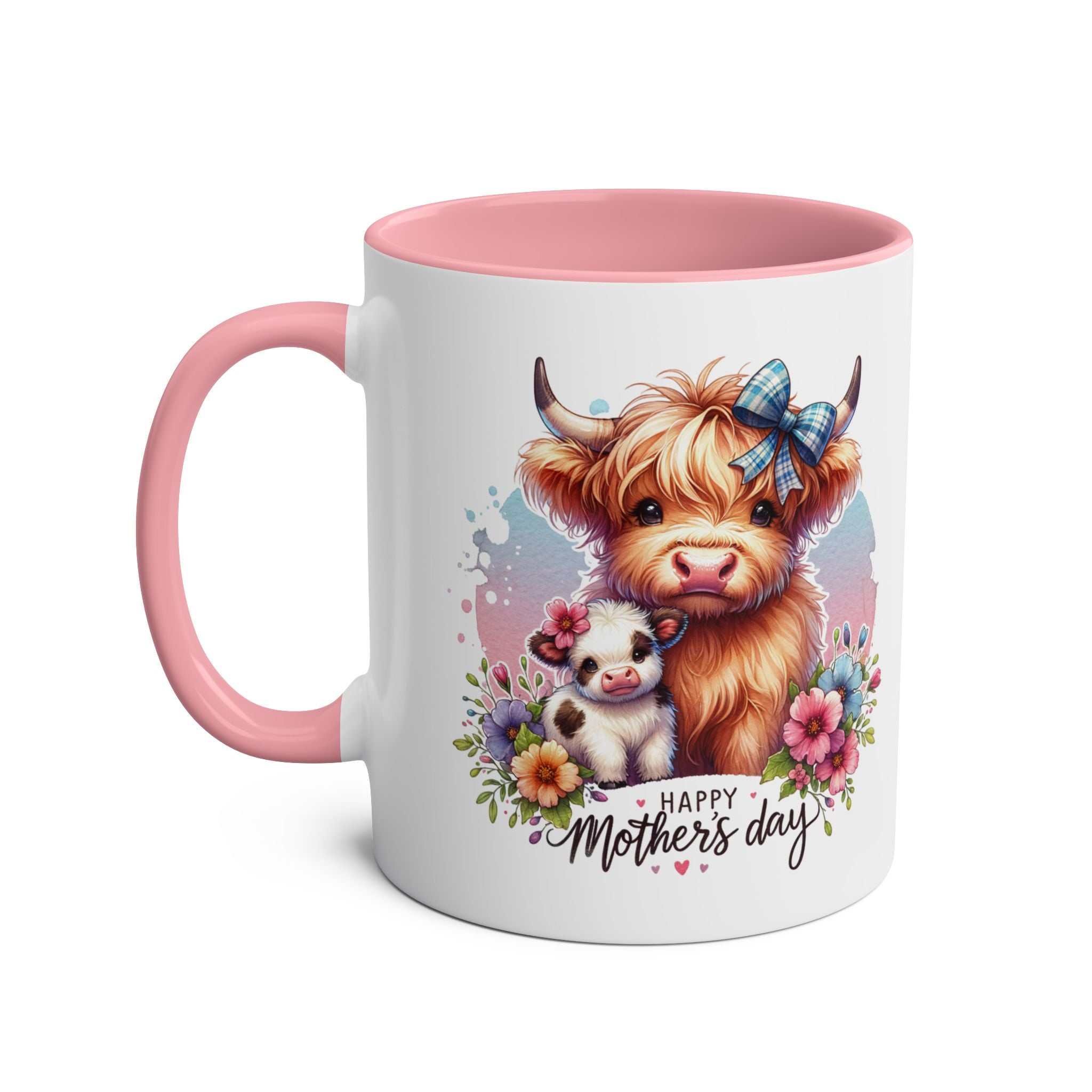 Cute Highland Cow Mother's Day mug with pastel design and pink handle.