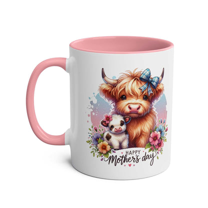 Cute Highland Cow Mother's Day mug with pastel design and pink handle.