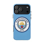 Manchester City MagSafe iPhone case with club logo in sky blue, dual-layer protection, and MagSafe compatibility