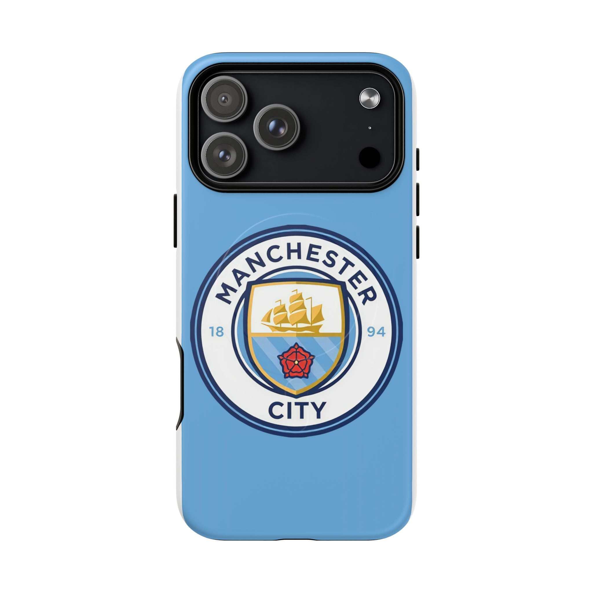 Manchester City MagSafe iPhone case with club logo in sky blue, dual-layer protection, and MagSafe compatibility