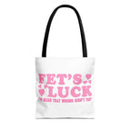 Pink heart tote bag with cheeky fun design and colorful handles