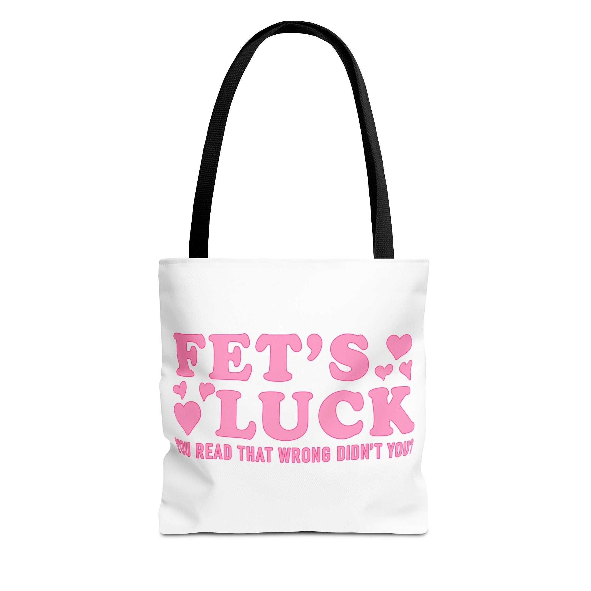 Pink heart tote bag with cheeky fun design and colorful handles