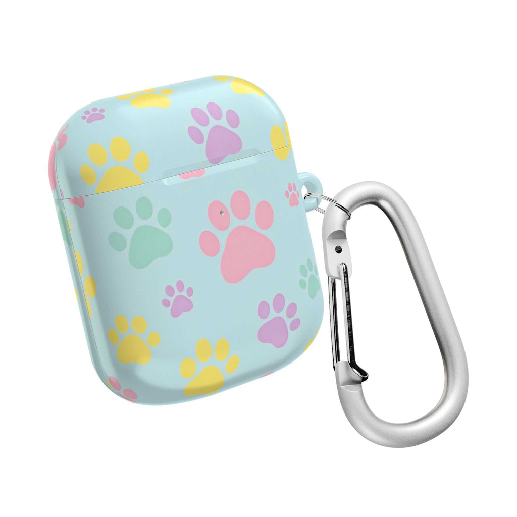 Pastel Doggy Paw AirPods protective case with colorful paw prints and carabiner clip, durable glossy finish, compatible with AirPods and AirPods Pro