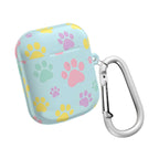 Pastel Doggy Paw AirPods protective case with colorful paw prints and carabiner clip, durable glossy finish, compatible with AirPods and AirPods Pro