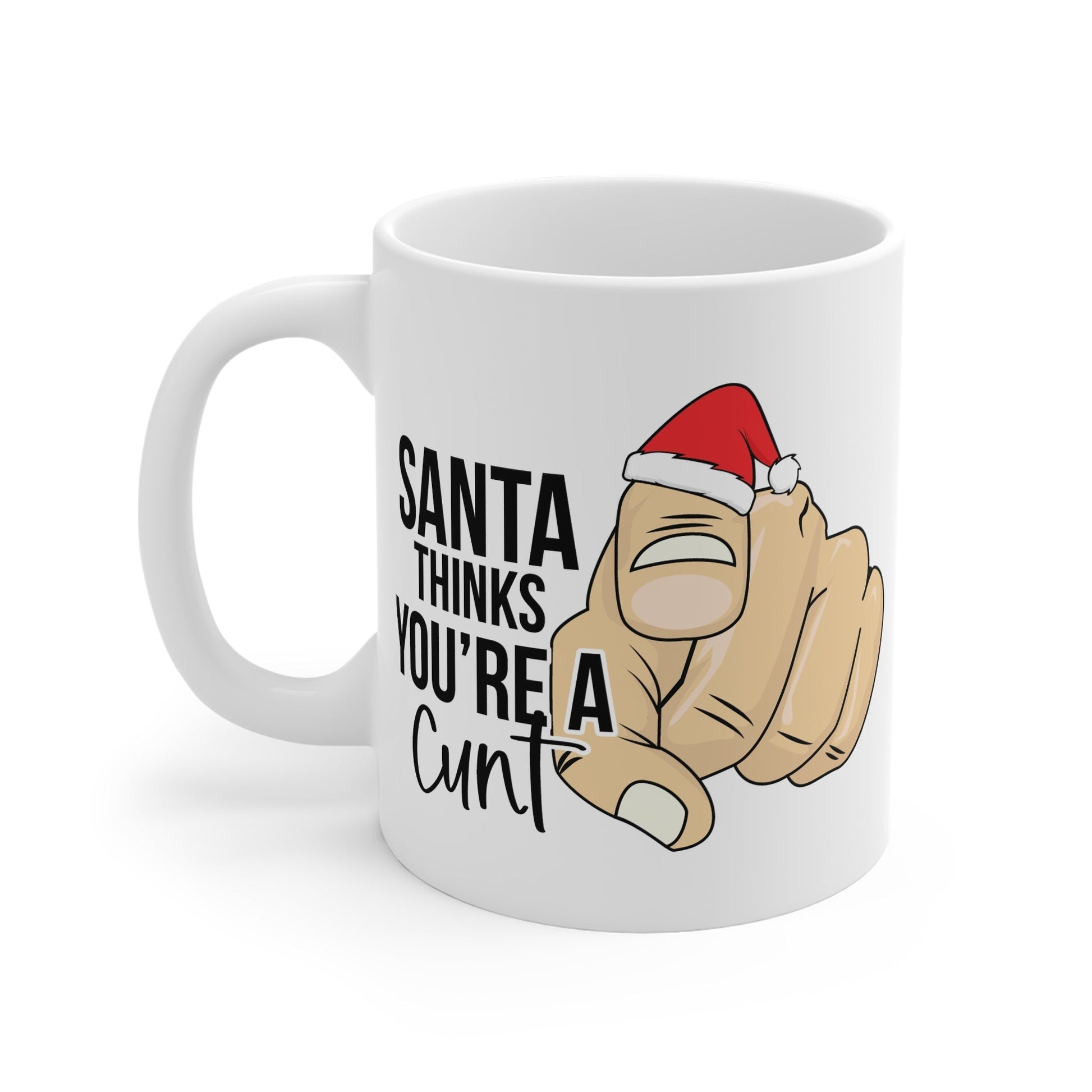 Rude Christmas Mug with playful Santa design, 11oz ceramic, microwave and dishwasher safe.