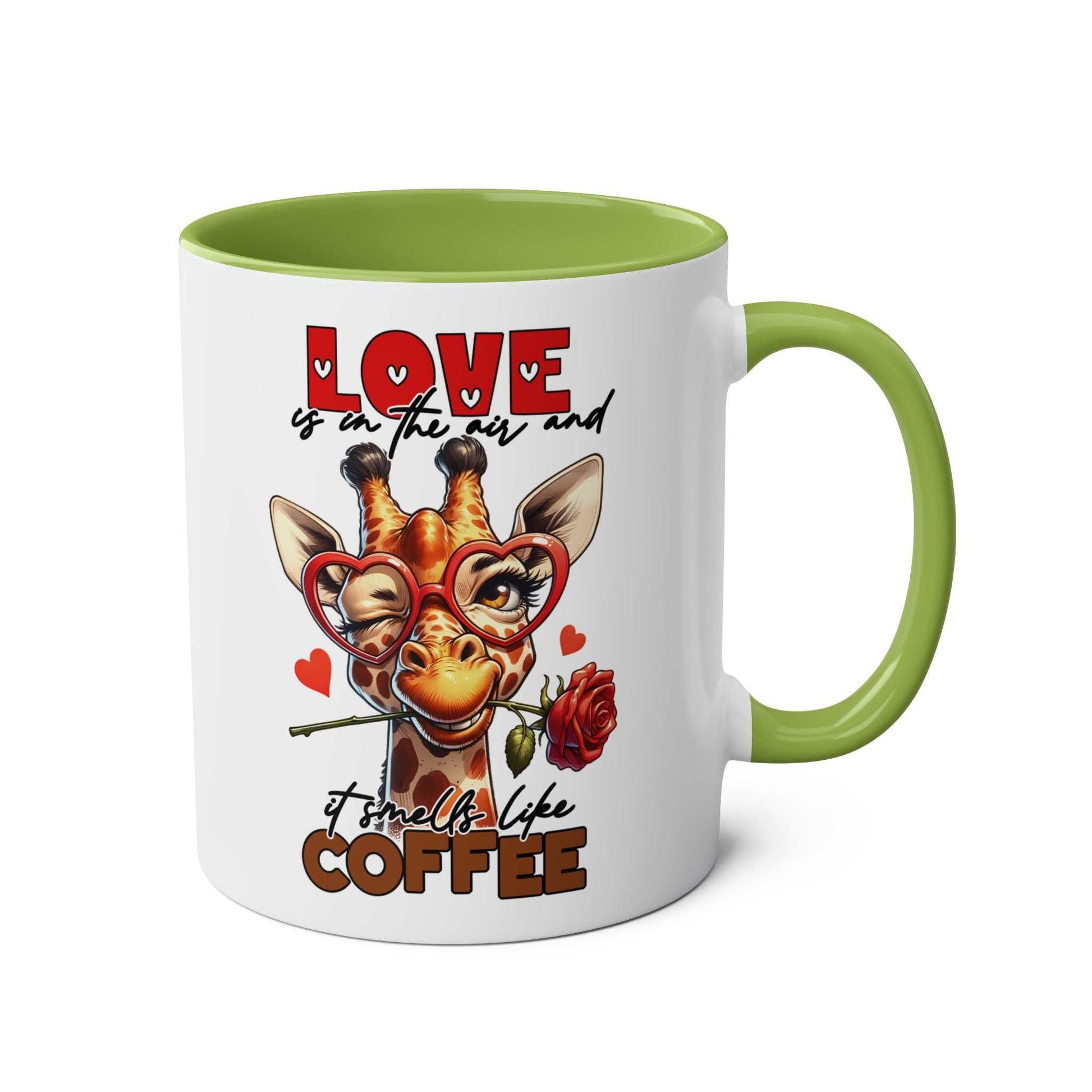 Giraffe design coffee mug with "Love is in the air and it smells like coffee" text.