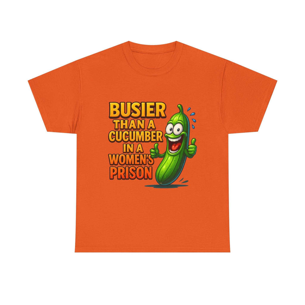 Woman wearing a soft cotton "Busier Than a Cucumber" cheeky women's prison-themed t-shirt