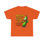 Woman wearing a soft cotton "Busier Than a Cucumber" cheeky women's prison-themed t-shirt