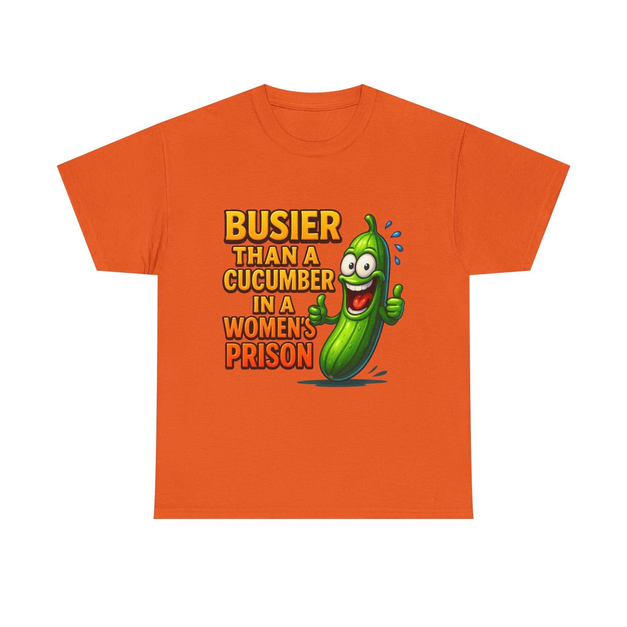 Woman wearing a soft cotton "Busier Than a Cucumber" cheeky women's prison-themed t-shirt