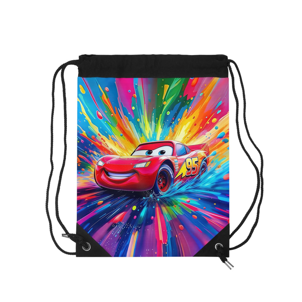 Colorful Cars-themed drawstring bag featuring red race car design with durable polyester and drawstring closure