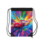 Colorful Cars-themed drawstring bag featuring red race car design with durable polyester and drawstring closure