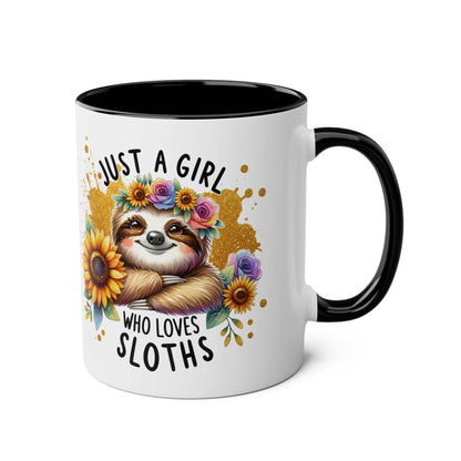 Cute sloth coffee mug with floral design and cheerful text, 11oz ceramic, glossy finish.