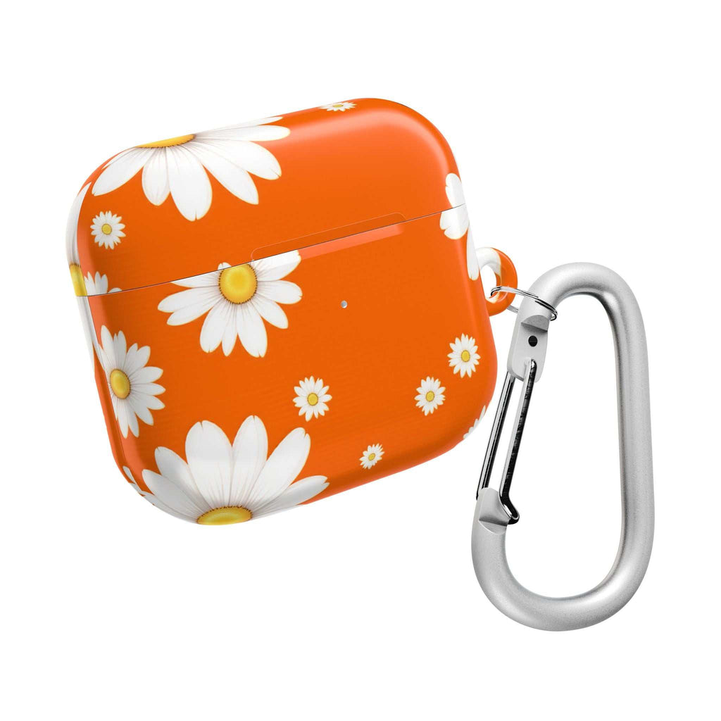 Orange Daises AirPods protective hard shell case with white daisy pattern and carabiner clip