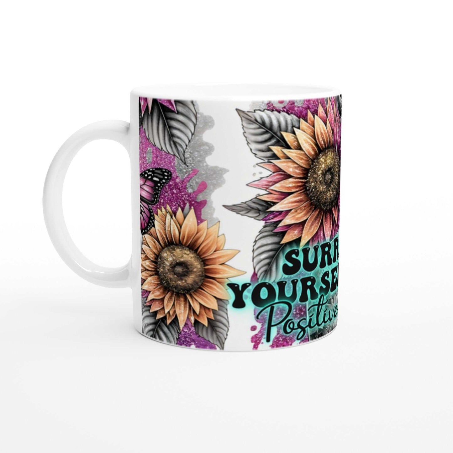 Positive Vibes motivational coffee mug with sunflower design and inspirational quote.