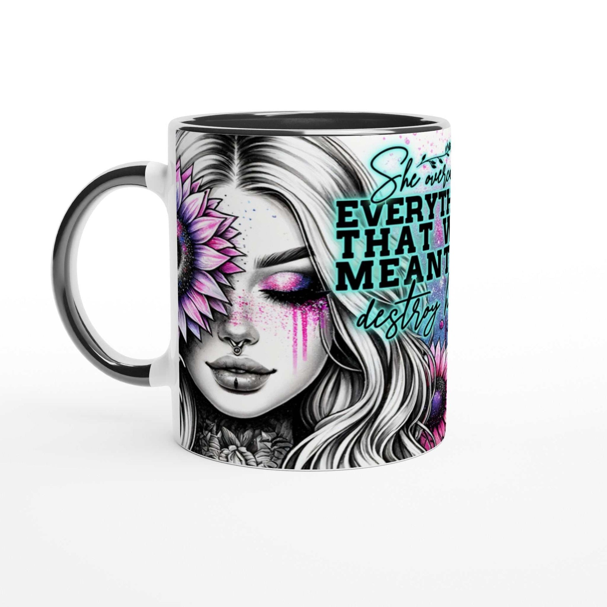 Motivational coffee mug with colorful design and inspirational quote "She Overcame Everything."