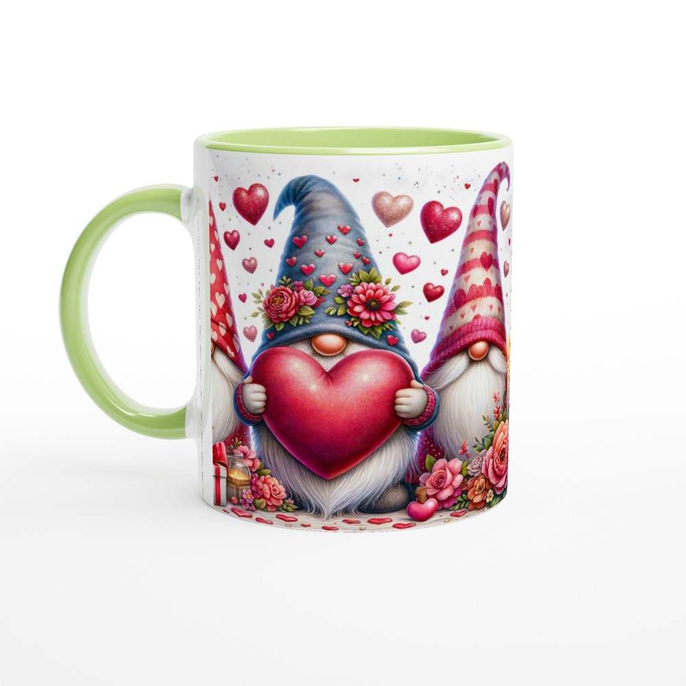 Adorable gnome Valentine's Day mug with heart and floral design, colorful ceramic, ideal for hot beverages.