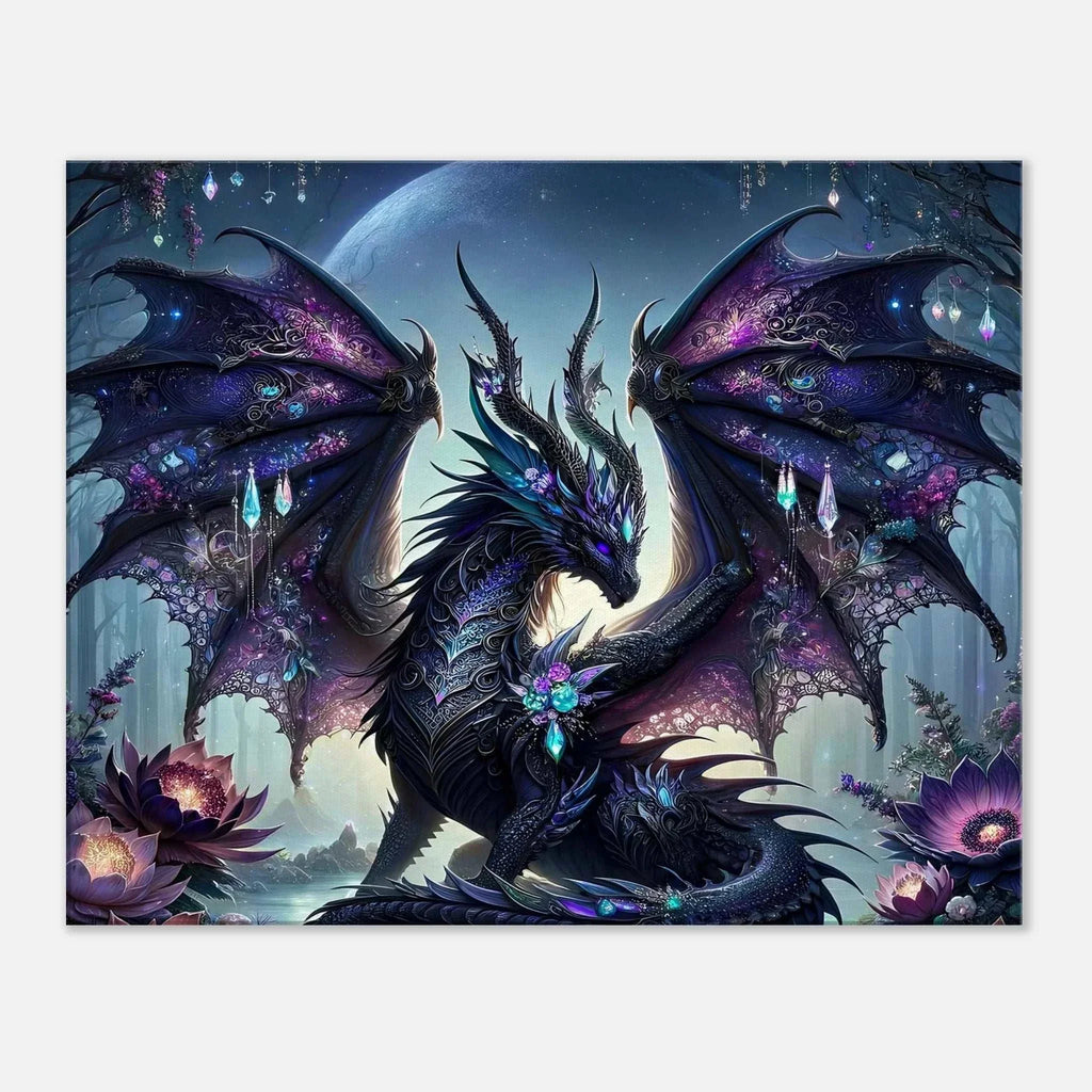Black Gem Dragon wall canvas featuring a mythical dragon with shimmering gems, perfect for fantasy decor.