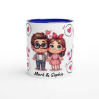 Personalized Valentines ceramic mug with cute couple illustration, perfect custom coffee cup gift.