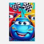 Vibrant Cars Wall Canvas featuring colorful racing cars and checkered flags.
