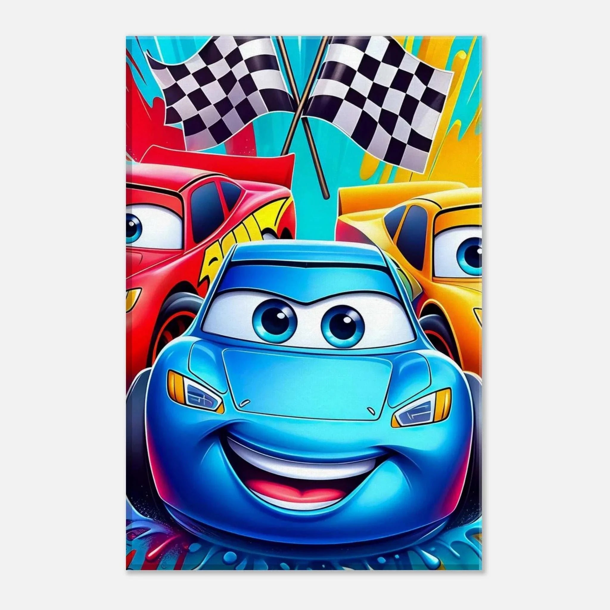 Vibrant Cars Wall Canvas featuring colorful racing cars and checkered flags.