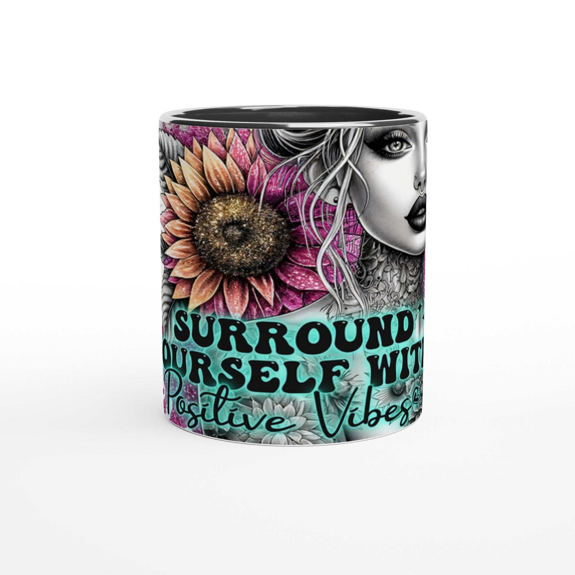 Motivational coffee mug with colorful 'Positive Vibes' design and vibrant floral artwork.