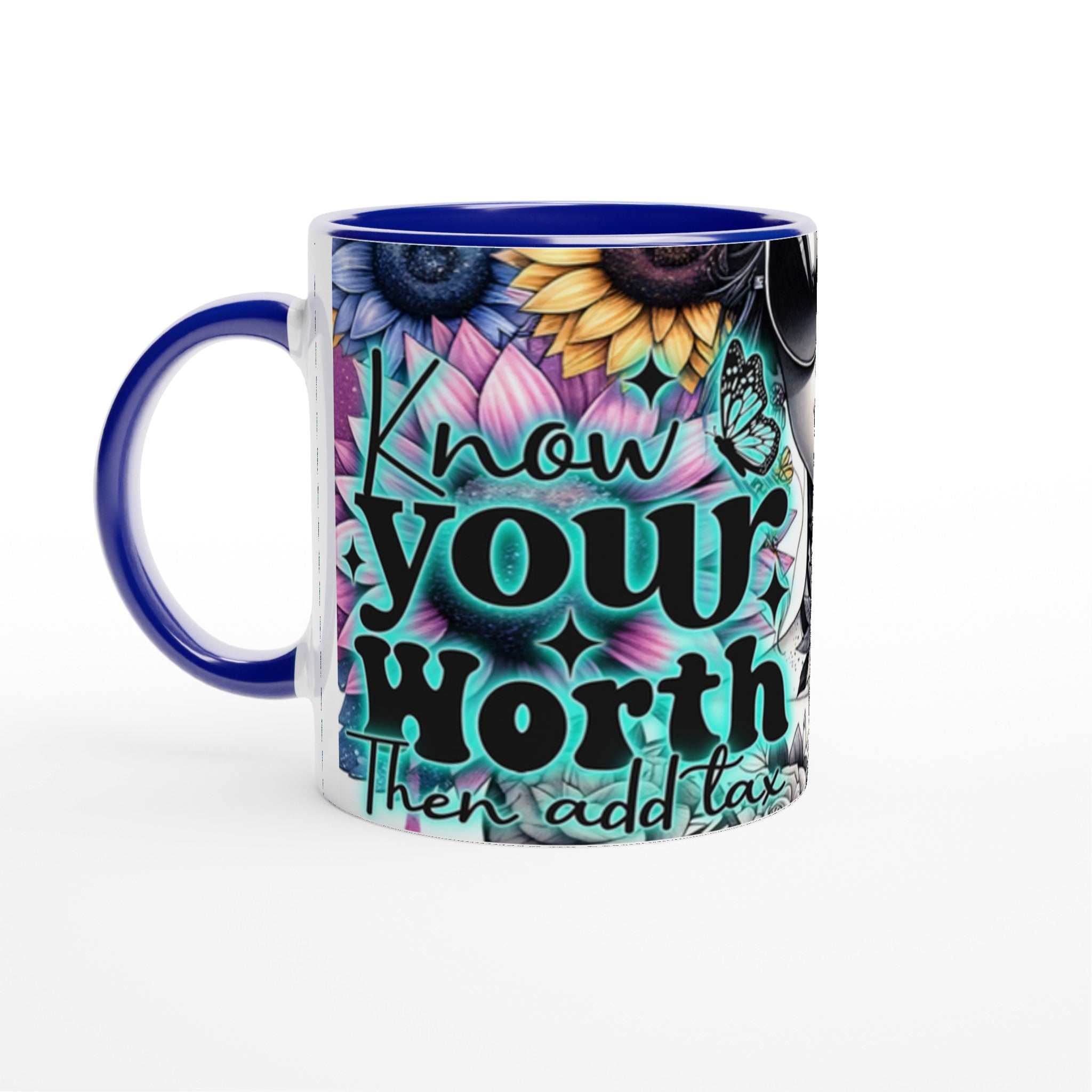 Know Your Worth motivational coffee mug with colorful design and blue accents, 11oz ceramic, dishwasher and microwave safe.