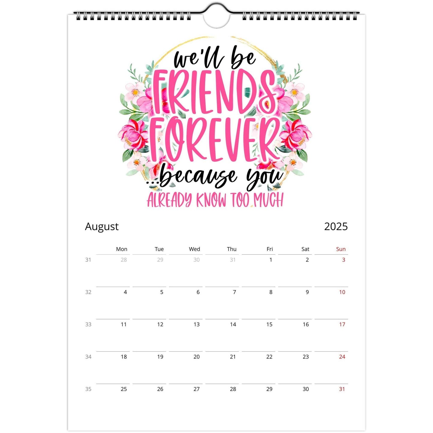 Personalised Best Friends 2025 Wall Calendar with colorful design and August month date grid.