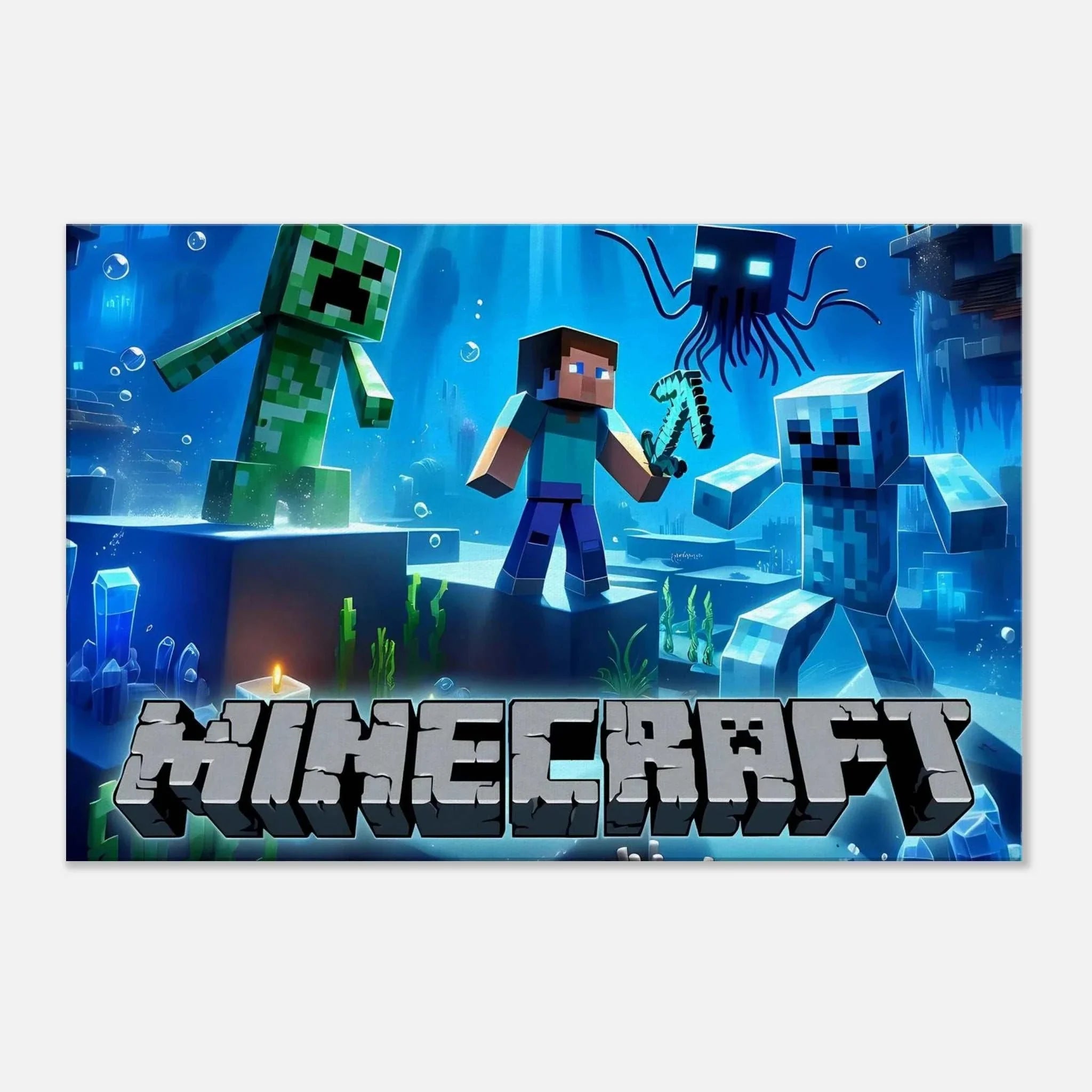 Vibrant Minecraft wall canvas with pixelated game scene, perfect for fans.