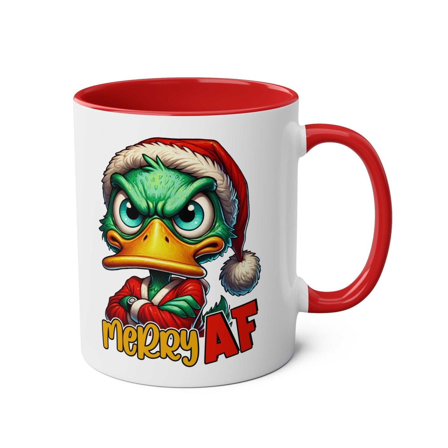 novelty Christmas mug with sarky duck design and red handle