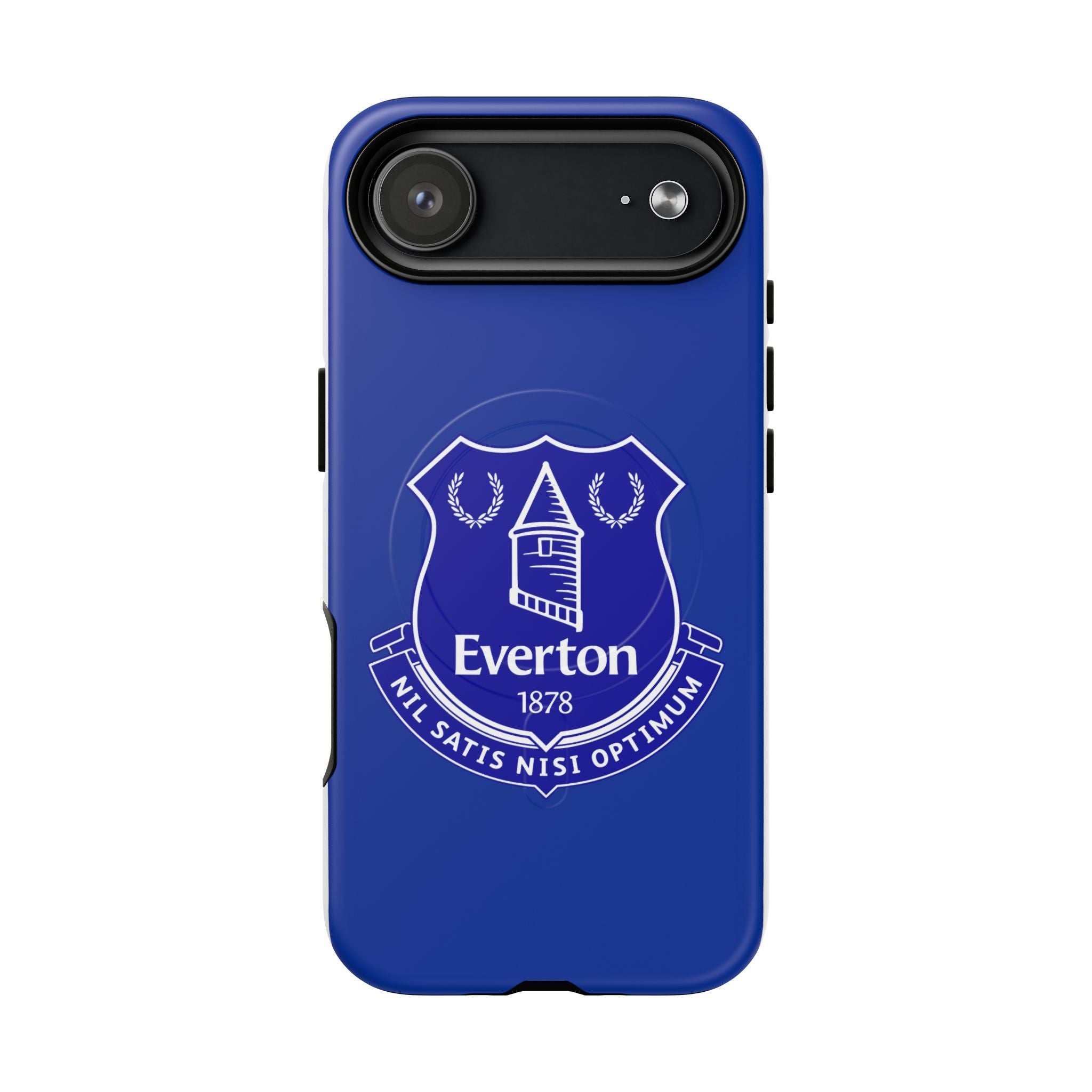 Everton Fc MagSafe iPhone case with royal blue color and club crest, dual-layer protection, and MagSafe compatibility.
