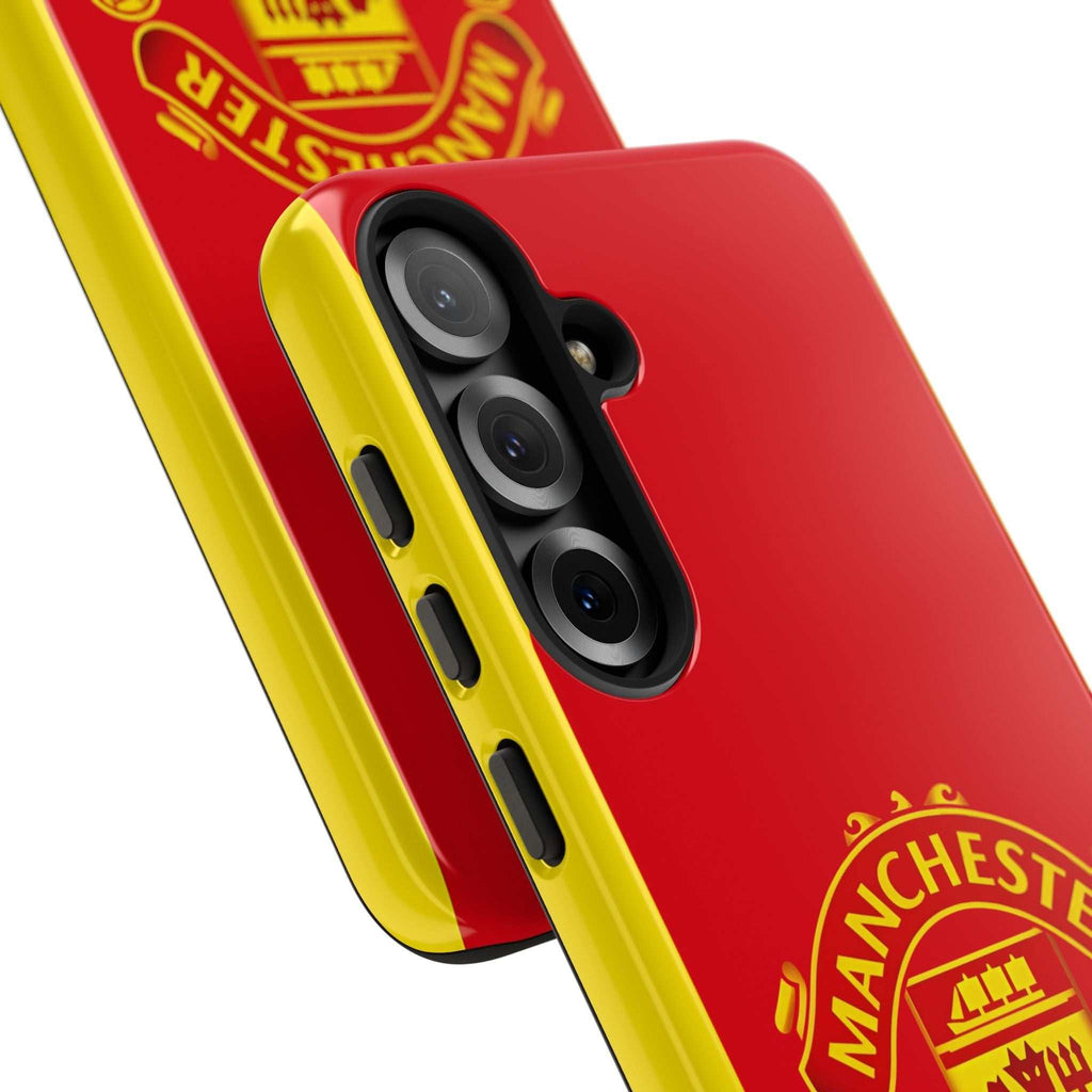 Manchester United Magnetic Samsung Case with red crest, dual-layer protection, and wireless charging compatibility
