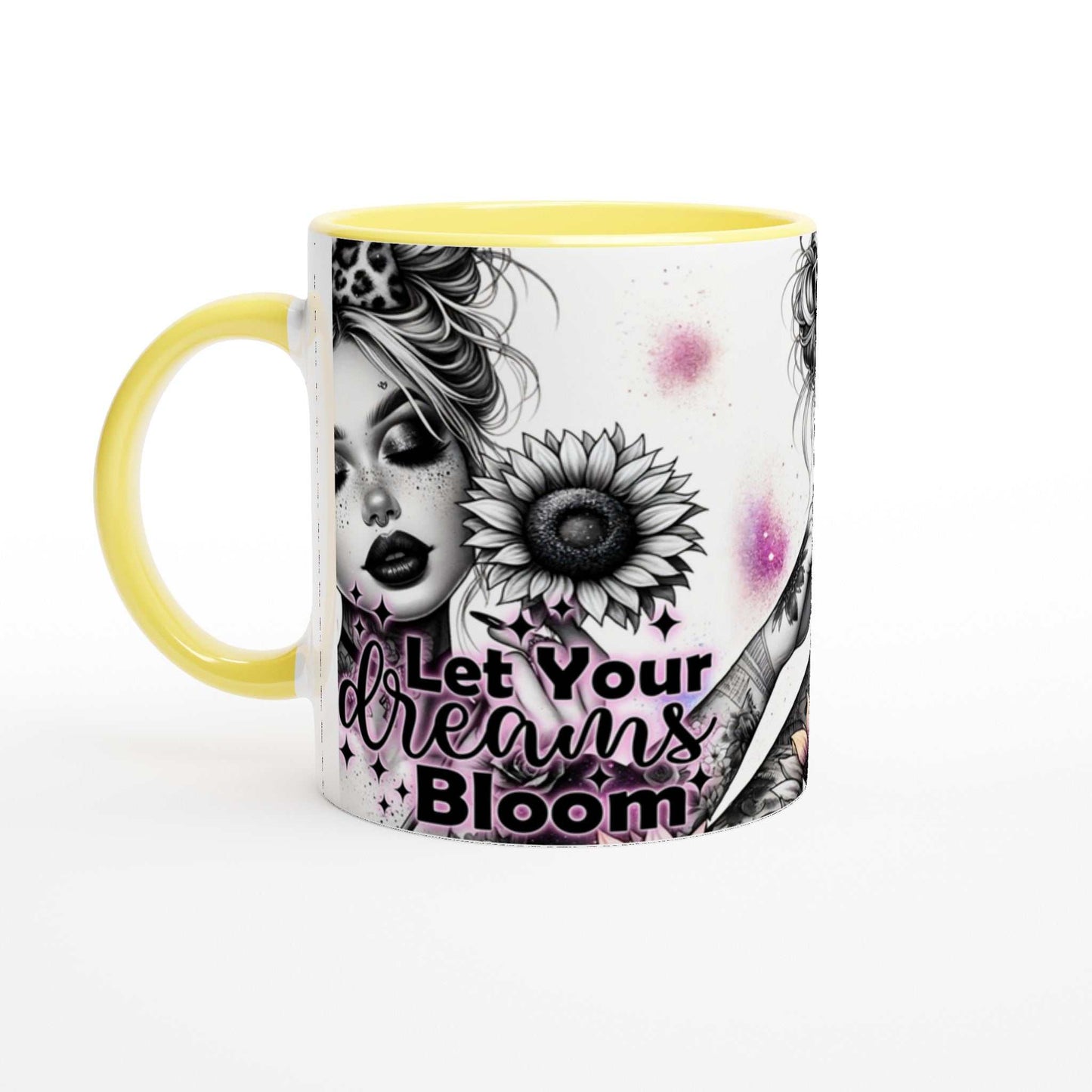 Let Your Dreams Bloom motivational coffee mug with vibrant design and inspirational quote.