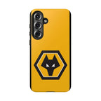 Wolves FC Magnetic Samsung Case with gold and black colors, dual-layer protection, and wireless charging compatibility