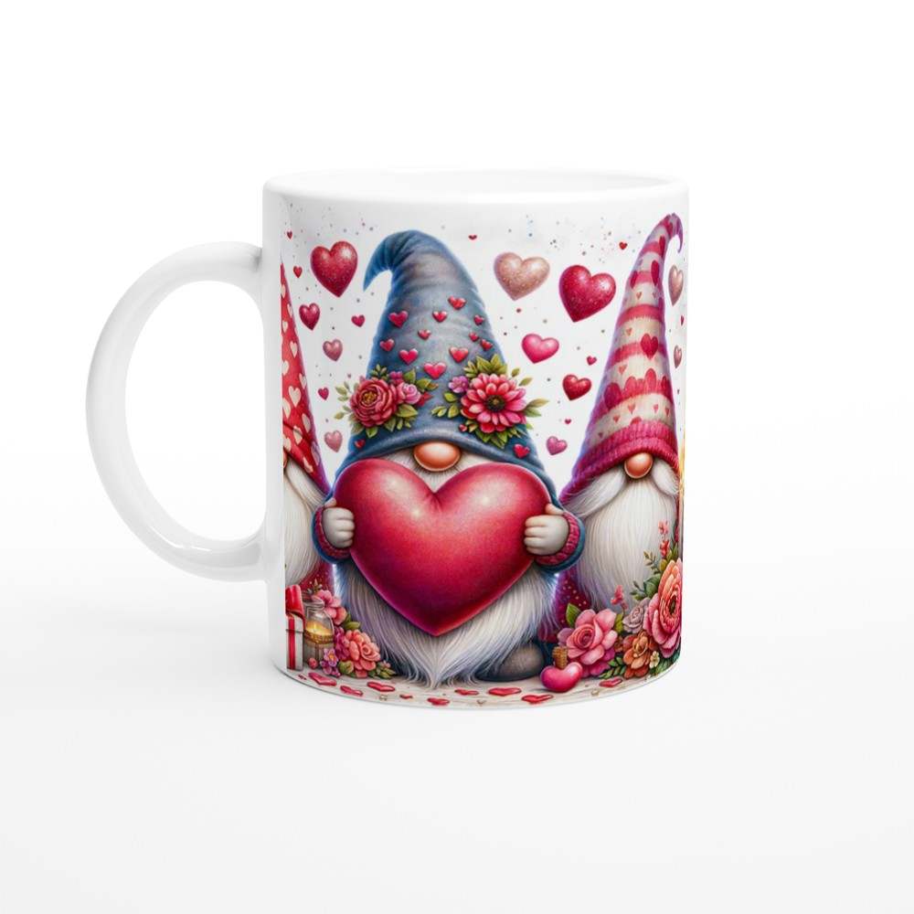 Adorable gnome Valentine's Day mug with heart design, ceramic, 11oz, colorful rim, perfect gift for loved ones.