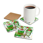 Grinch Fun Christmas Coaster Set featuring grumpy Grinch design with mug and cork back, heat-resistant and non-slip.