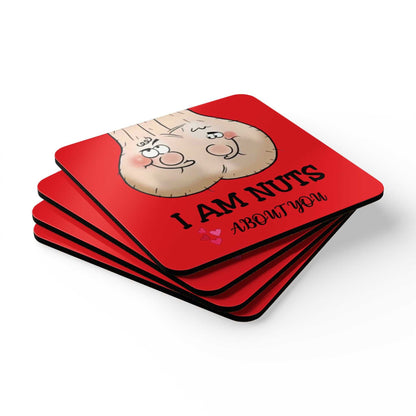 Cheeky I Am Nuts About You coaster set with playful design, high-gloss MDF top, and cork back.