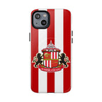 Sunderland FC MagSafe iPhone case with red and white stripes and club crest, durable dual-layer protection.