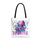 Squirter Squid Tote Bag with cheeky design, durable spun polyester, multiple sizes and handle colors