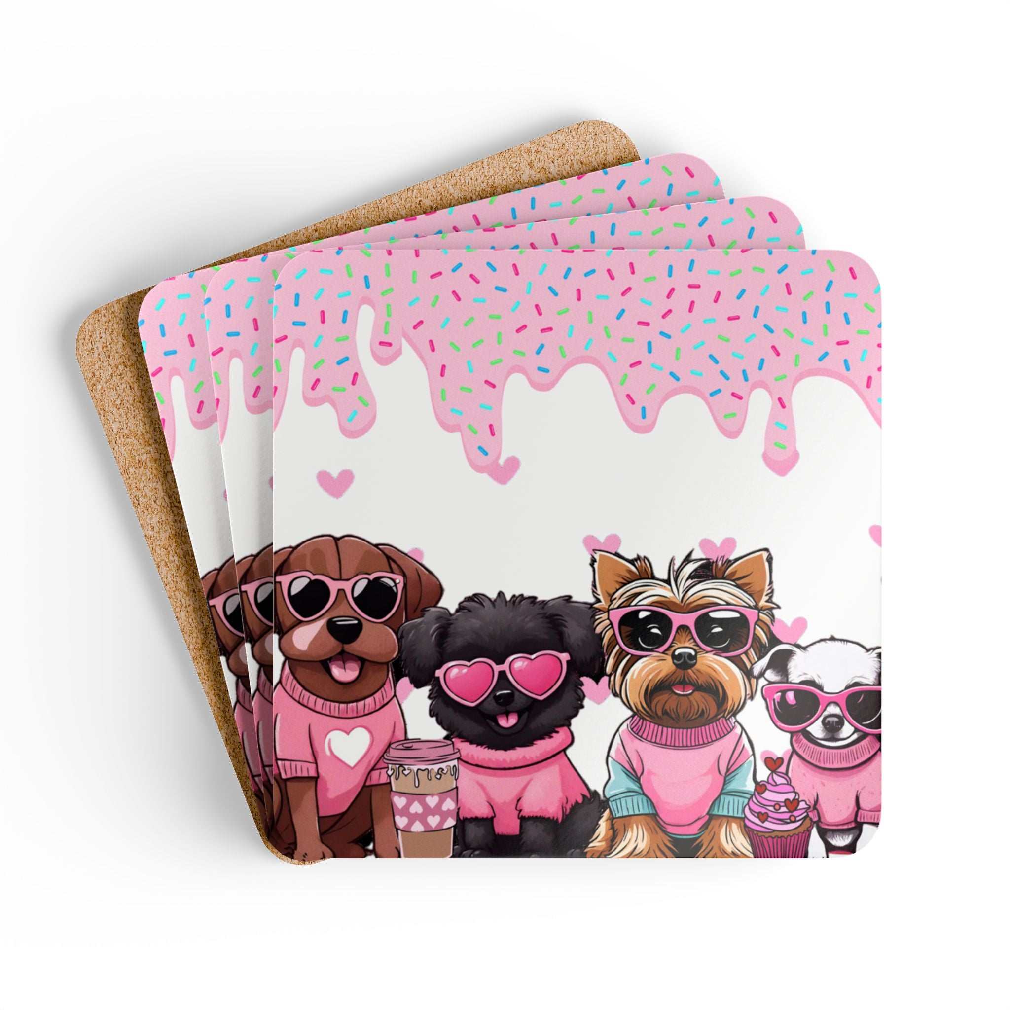 Cute Puppy Coaster Set with playful puppy design, cork backing, and high gloss finish.