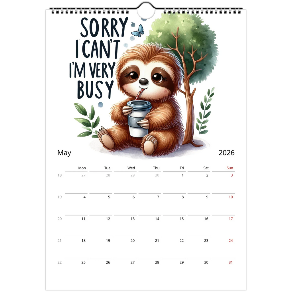 2026 adorable sloth wall calendar with cute sloth illustration and spacious date squares for notes, spiral-bound and ready to hang