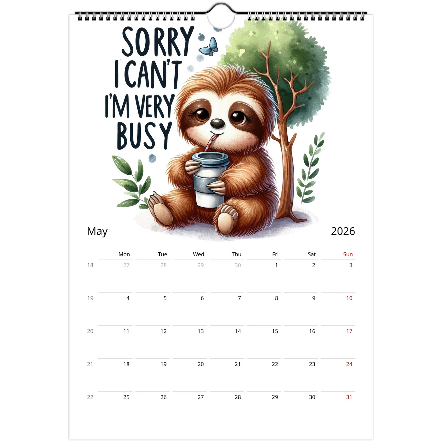 2026 adorable sloth wall calendar with cute sloth illustration and spacious date squares for notes, spiral-bound and ready to hang