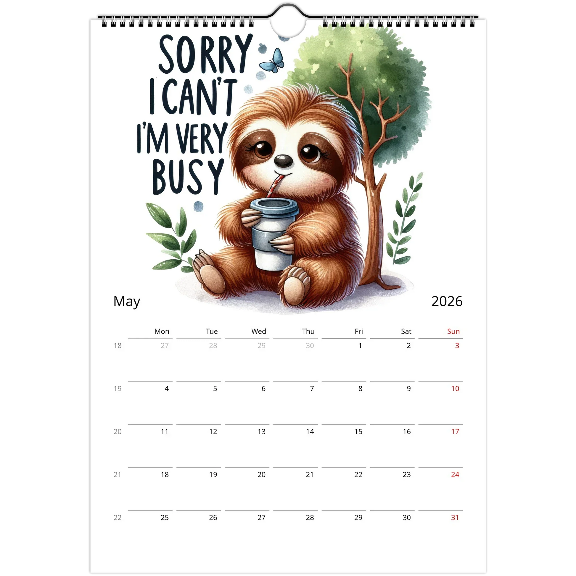 2026 adorable sloth wall calendar with cute sloth illustration and spacious date squares for notes, spiral-bound and ready to hang